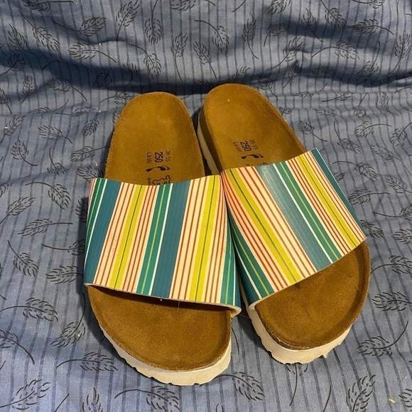 Birkenstock Shoes - Birkenstock Birkis synthetic candy striped slides. Womens 8